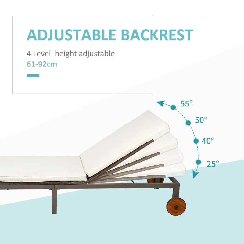 Outsunny Patio Rattan Sun Lounger with 4-Level Adjustable Backrest and Wheels, Wicker Chaise Lounge Chair with Cushion, for Patio, Deck, Poolside Cream White