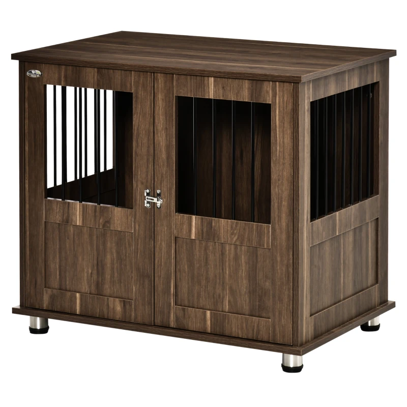 PawHut Dog Crate Furniture, Wooden End Table Furniture with Lockable Magnetic Doors, Small & Medium Size Pet Kennel Indoor Animal Cage, Brown