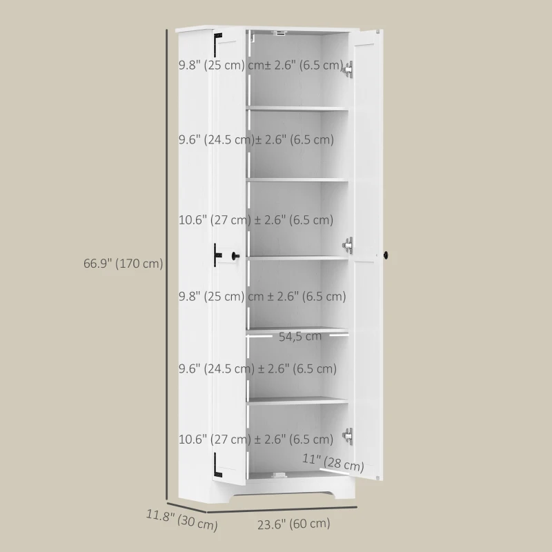 HOMCOM 67" Farmhouse Pantry Cabinet with 2 Doors, Tall Storage Cabinet with Adjustable Shelves, Distressed White