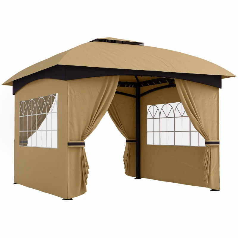 Outsunny 11' x 11' Outdoor Gazebo, Double Roof Patio Gazebo with Curtains, Church Windows, Galvanized Steel Frame, Beige