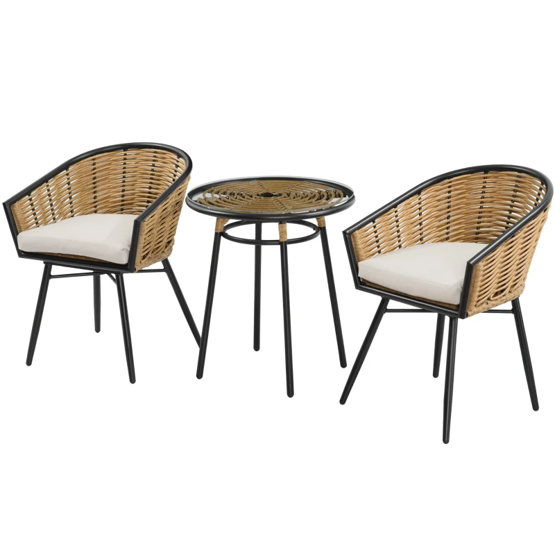 Outsunny 3 Piece Patio Set, Outdoor Bistro Furniture, PE Rattan Wicker Table and Chairs, Cushioned, Barrel Style, Cream White