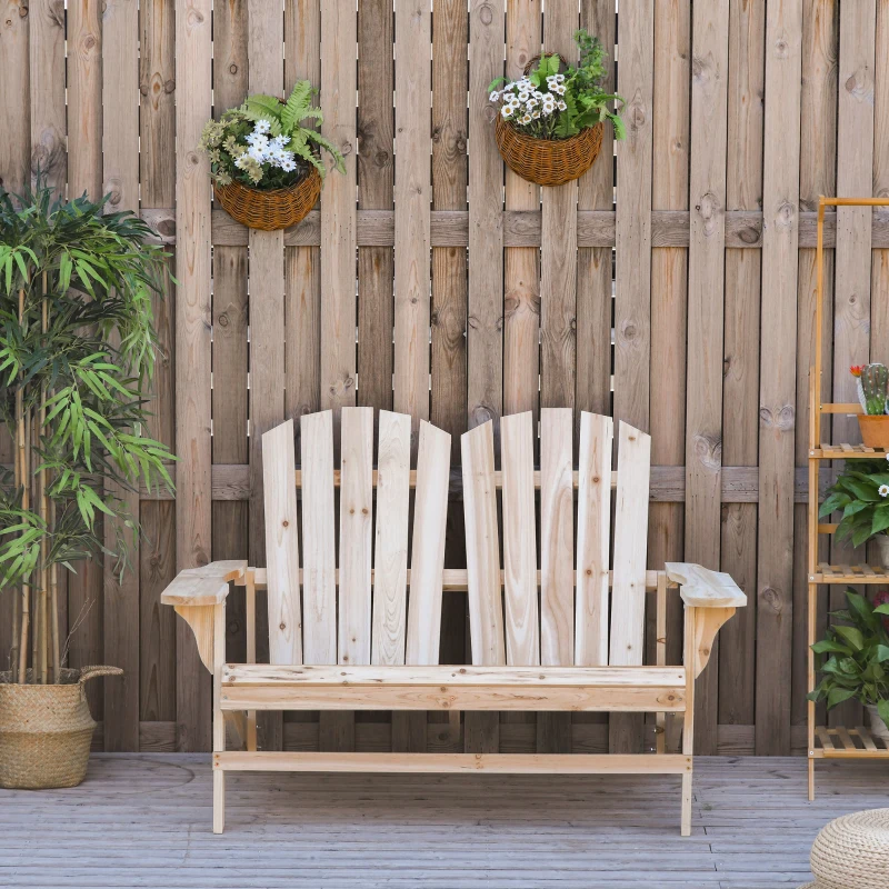 Outsunny 2 Person Adirondack Loveseat, Fire Pit Chair for 2, Wooden Double Adirondack for Patio, Porch, Backyard, Garden with High-back, Wide Armrests, Natural