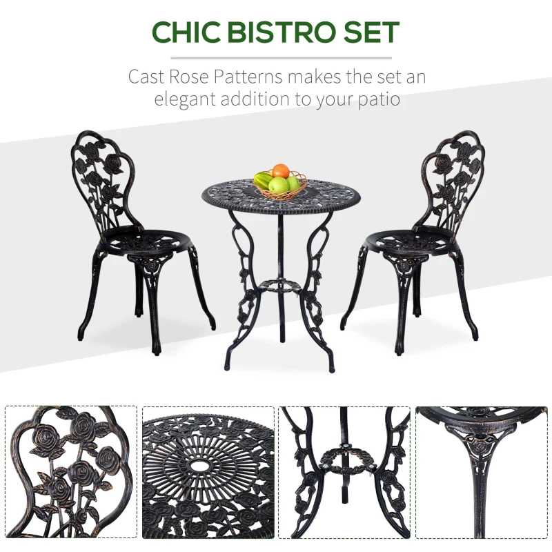 Outsunny 3 Pieces Aluminum Bistro Set, Bistro Table Set Outdoor Patio Furniture with Umbrella Hole, Patio Table and Chairs with Floral Patterns for Garden, Balcony, Porch, Bronze