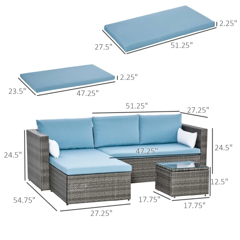 Outsunny 3-Piece Patio Furniture Set Modern Sectional Sofa Rattan Chair Wicker Conversation Set Outdoor Hand Woven Rattan Wicker Furniture Patio Coffee Table Sofa Set, Blue