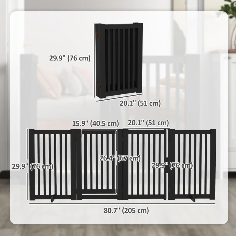 PawHut 4 Panel Free Standing Wooden Pet Gate with Open Door Black