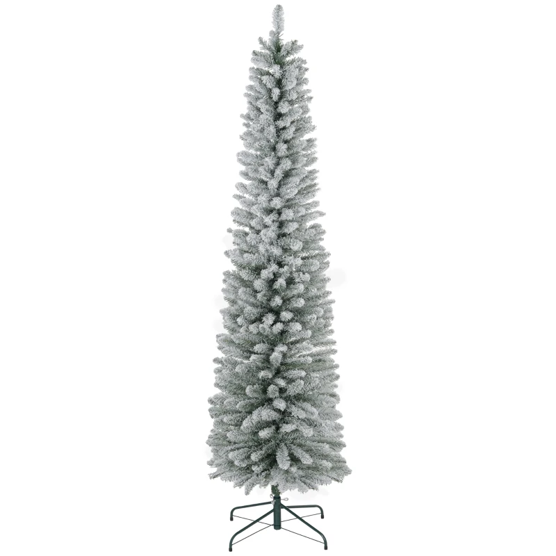 HOMCOM 7ft Artificial Christmas Tree, Snow Flocked Branches, Metal Base, Pencil Xmas Tree
