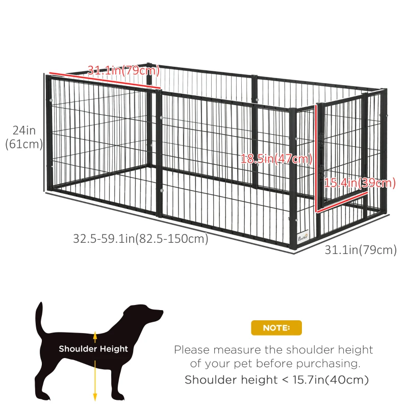 PawHut 6 Panel Dog Playpen Dog Pen Metal Pet Fence for Outside Indoor, Adjustable Width, Heavy Duty Steel Frame, 32.5"-59"W x 24"D x 24''H Black