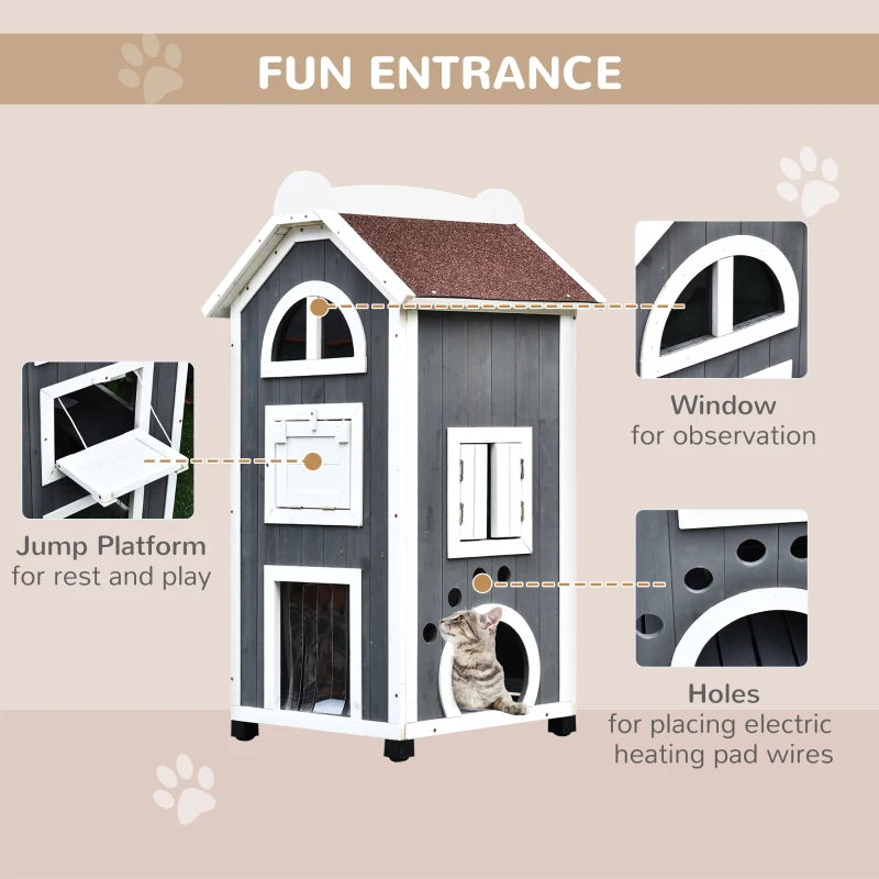 PawHut 43"H Wooden Cat House Outdoor with Hammock, Weatherproof 3-Floor Feral Cat Shelter with Escape Doors, Asphalt Roof, Inside Ladders, Gray