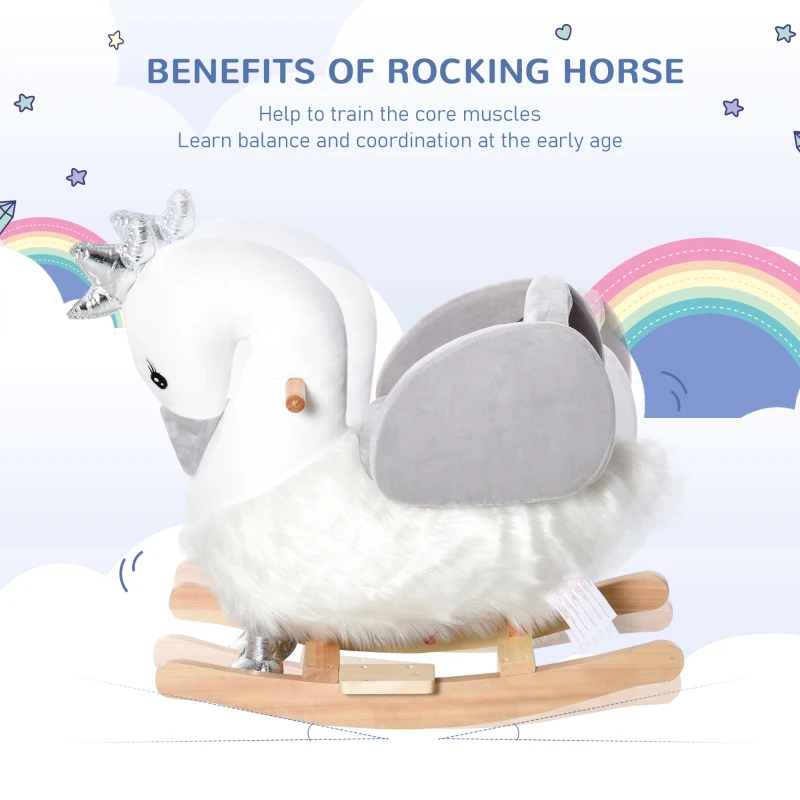 Qaba Kids Ride on Horse Swan Rocker with Sound, Plush Seat, Wooden Base, Safety Belt for Toddlers 18-36 Months, White