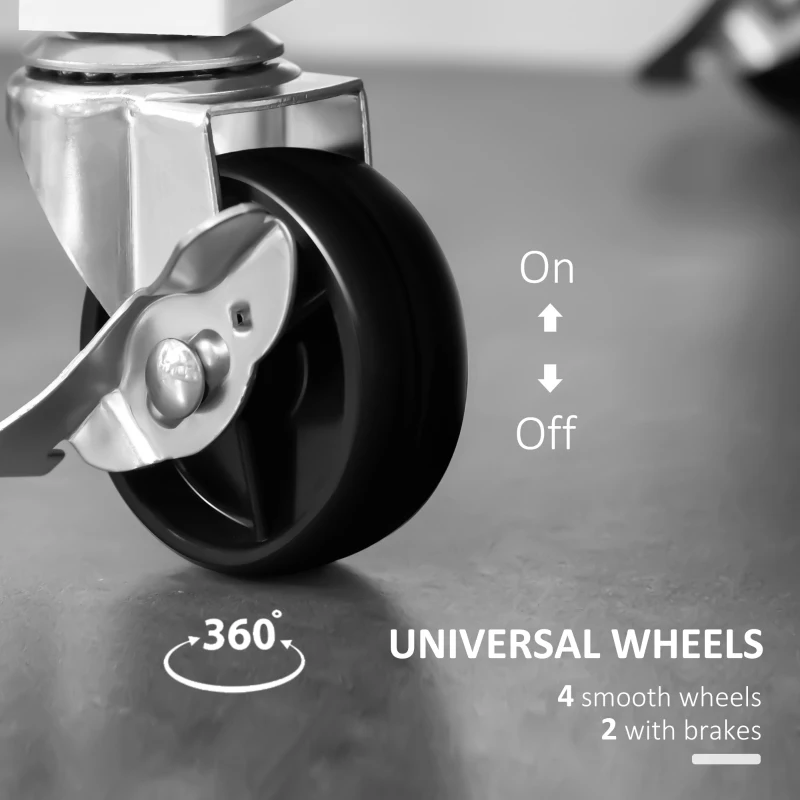 HOMCOM Rolling Kitchen Island Cart, Utility Trolley Cart with Rubberwood Top Storage Cabinet, 2 Drawers, Towel Rack, White