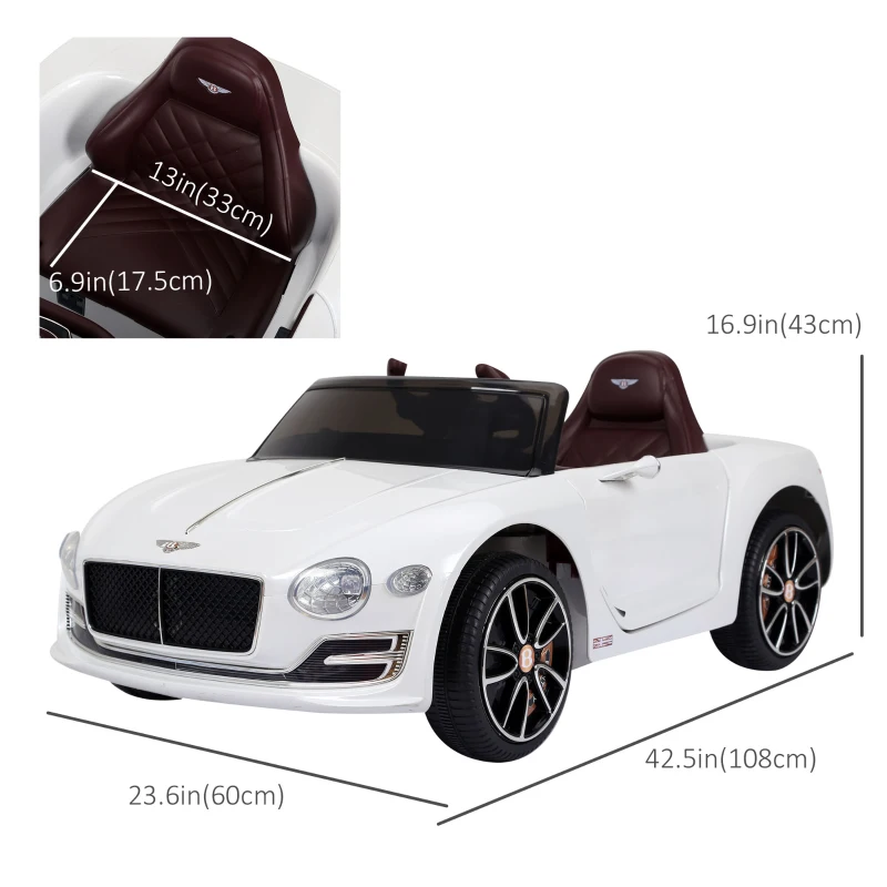 Aosom 12V Ride On Car Licensed Bentley Battery Powered Electric Vehicles w/ Parent Remote Control, 2 Speed - White