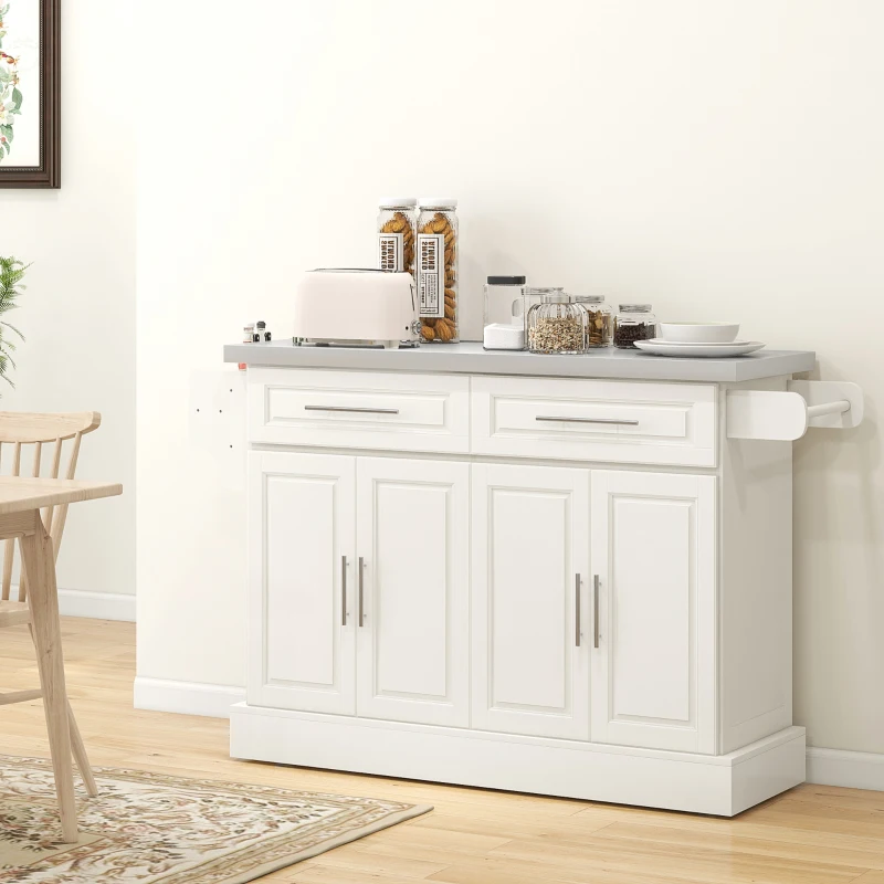 HOMCOM Rolling Kitchen Island with Stainless Steel Top, 2 Drawers, Spice, Knife and Towel Rack and Cabinets, Cream White