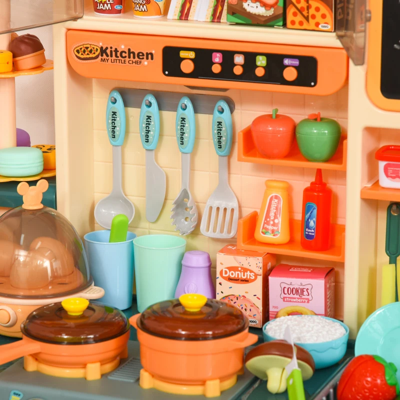 Qaba Play Kitchen for Kids with Sink Water, Music, 113 Toys, Color-Changing Food, Educational Pretend Role Playset Imaginative Toy with Spray Music Light, for 3-6 Years Old