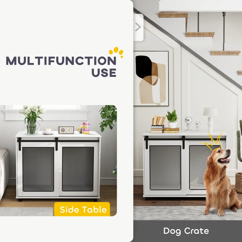 PawHut 39" Dog Crate Furniture with Sliding Barn Door, Furniture Style Dog Cage End Table for Large Dogs, White
