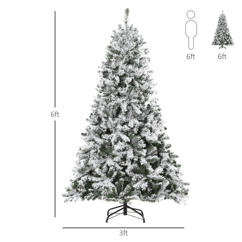 HOMCOM 6ft Tall Pre-Lit Snow-Flocked Artificial Christmas Tree with Realistic Branches, 250 Warm White LED Lights and 928 Tips