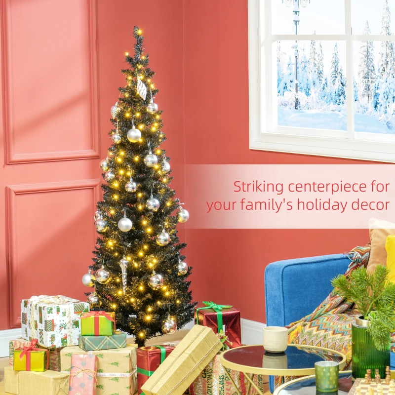 HOMCOM 5ft Pencil Christmas Tree, Slim Artificial Christmas Tree with Realistic Branches and Warm White LED Lights, Black