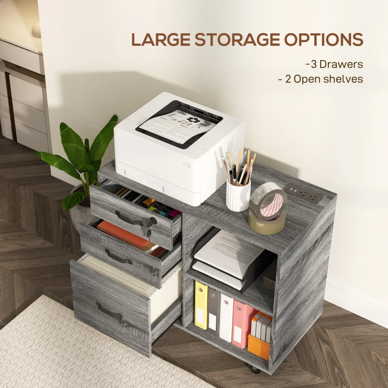 HOMCOM Mobile Printer Stand with Charging Station USB Ports Locking Filing Cabinet for A4 Letter Size Grey