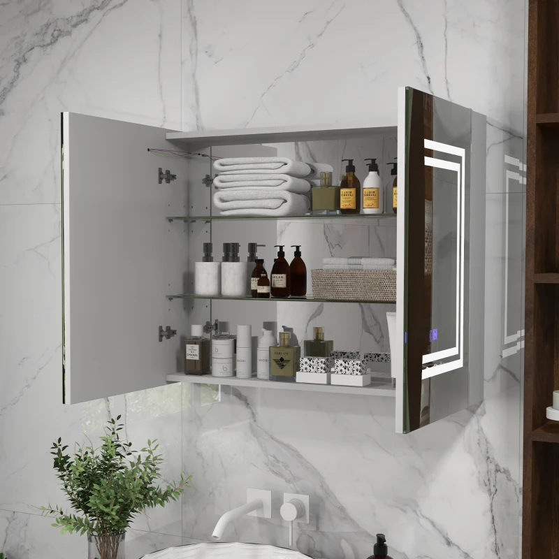 kleankin Bathroom Mirror Cabinet with Light, Bathroom Storage Cupboard with USB Charge, Adjustable Shelf, 31.5"W x 25.5"H, White
