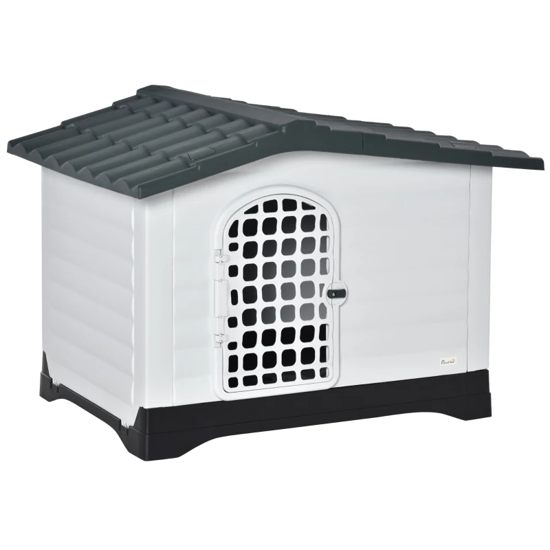 PawHut Plastic Dog House Puppy Kennel Pet Shelter with Raised Base Window Door for Large Medium Dogs Indoor & Outdoor 44"L x 33"W x 31.5"H Grey, White