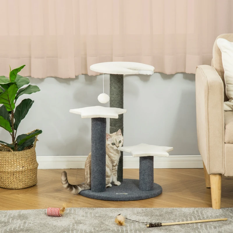 PawHut 30" Cat Tree Kitty Activity Center Climbing Toy Rest Pet Furniture with Sisal Scratching Post Moon Star Shaped Perch Hanging Ball Grey, White