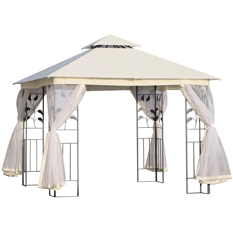 Outsunny 10'x10' Soft-top Steel Patio Gazebo Outdoor Sun Shelter with 2-Tier Polyester Roof, Curtain Sidewalls, White