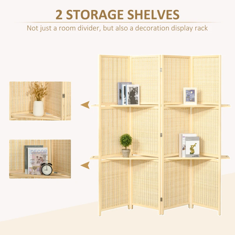 HOMCOM 4-Panel Folding Room Divider, 6 Ft Freestanding Bamboo Privacy Screen Panel with Storage Shelves for Bedroom or Office, Natural Wood Color