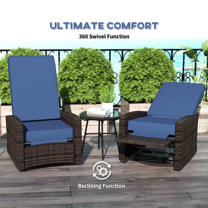 Outsunny Outdoor Wicker Swivel Recliner Chair, Lifting Footrest, 360° Rotating Basic, Water-resistant Cushions, Dark Blue