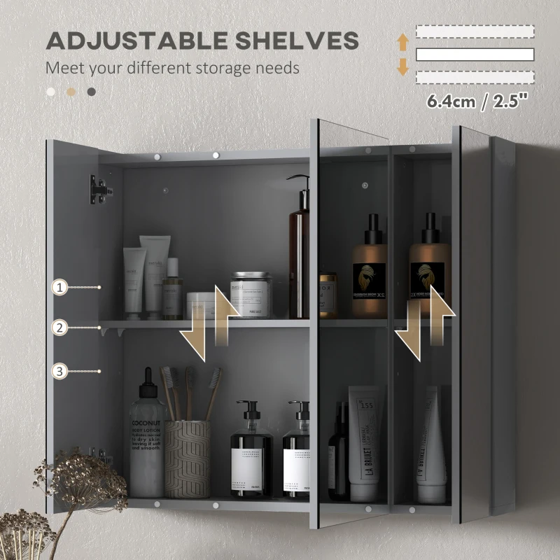 kleankin 28" x 24" Wall Mounted Mirror Cabinet, Bathroom Medicine Cabinet with Mirror, 3 Doors and Adjustable Shelves, Grey