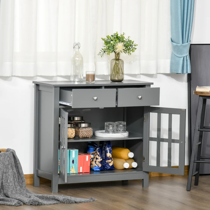 HOMCOM Sideboard Buffet Cabinet, Accent Kitchen Cabinet with Glass Doors, Adjustable Shelf and 2 Drawers for Kitchen, Gray