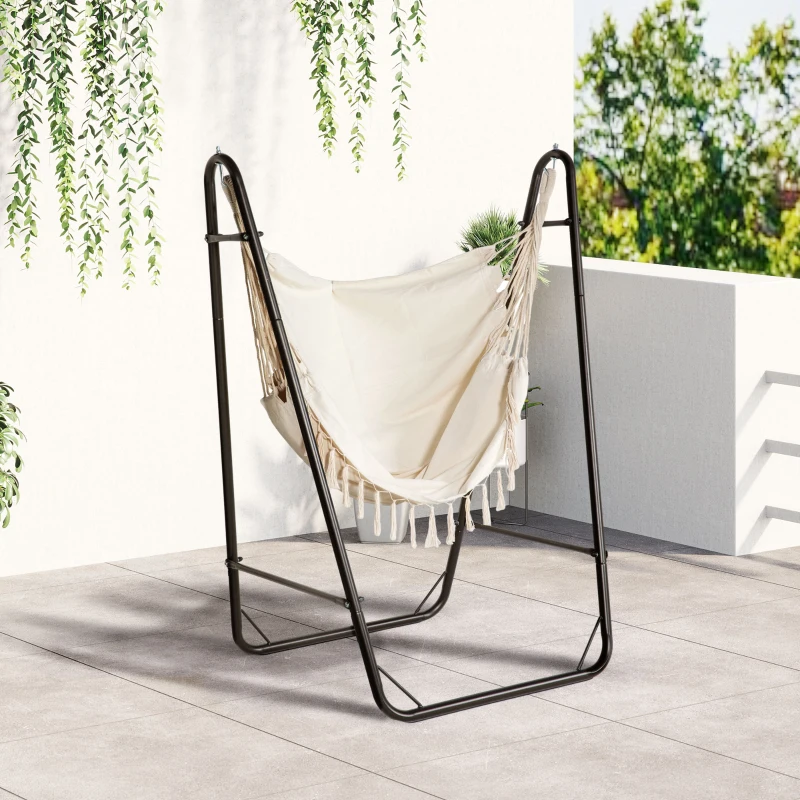 Outsunny Hammock Chair with U Shape Stand, Hammock Swing Chair with A Side Pocket, Brown & Cream White