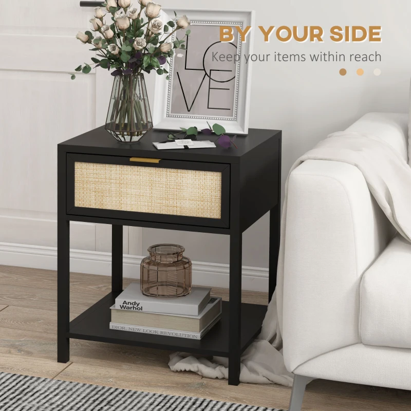 HOMCOM Boho Nightstand, Bedside Table with Rattan Drawer and Open Shelf, Side End Table for Bedroom, Living Room, Black