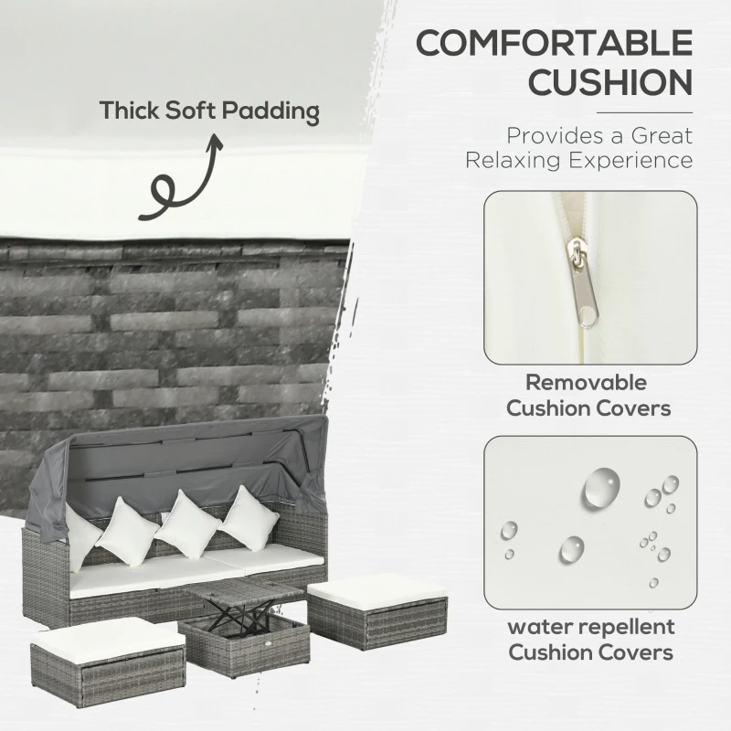 Outsunny 4 Piece Adjustable Canopy Outdoor Rattan Sofa Set w/ Height Adjustable Coffee Table & Cushions, Cream White