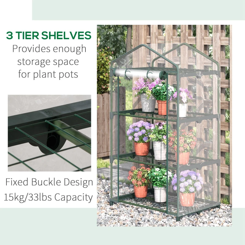 Outsunny 3 Tier Mini Greenhouse, Portable Outdoor Flower Stand with Shelf Clips, Indoor Greenhouse with Plastic Cover and Steel Frame, Transparent, 27" x 19" x 49"
