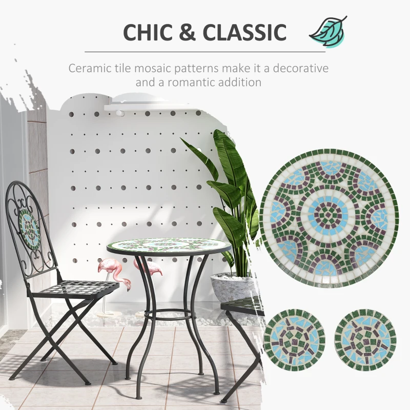 Outsunny 3 Piece Patio Bistro Set with Mosaic Design, Outdoor Dining Furniture Set for 2 with Folding Chairs, Green