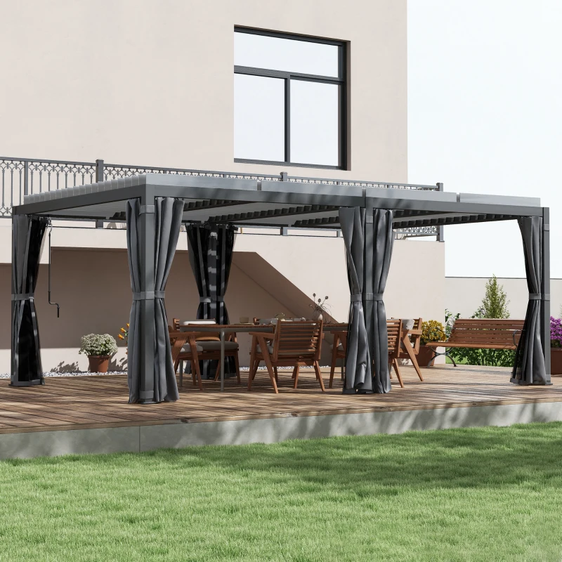Outsunny 12' x 19' Aluminum Pergola with Adjustable Louvered, Outdoor Pergola with Curtains and Netting, Dark Gray