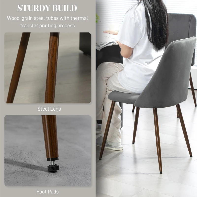 HOMCOM Upholstered Dining Chairs Set of 4, Velvet Accent Chair with Back and Wood-grain Steel Leg for Kitchen, Dark Grey