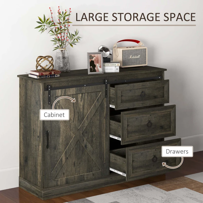HOMCOM Farmhouse Kitchen Sideboard, Buffet Cabinet with Sliding Barn Door and 3 Storage Drawers for Living Room, Dark Gray