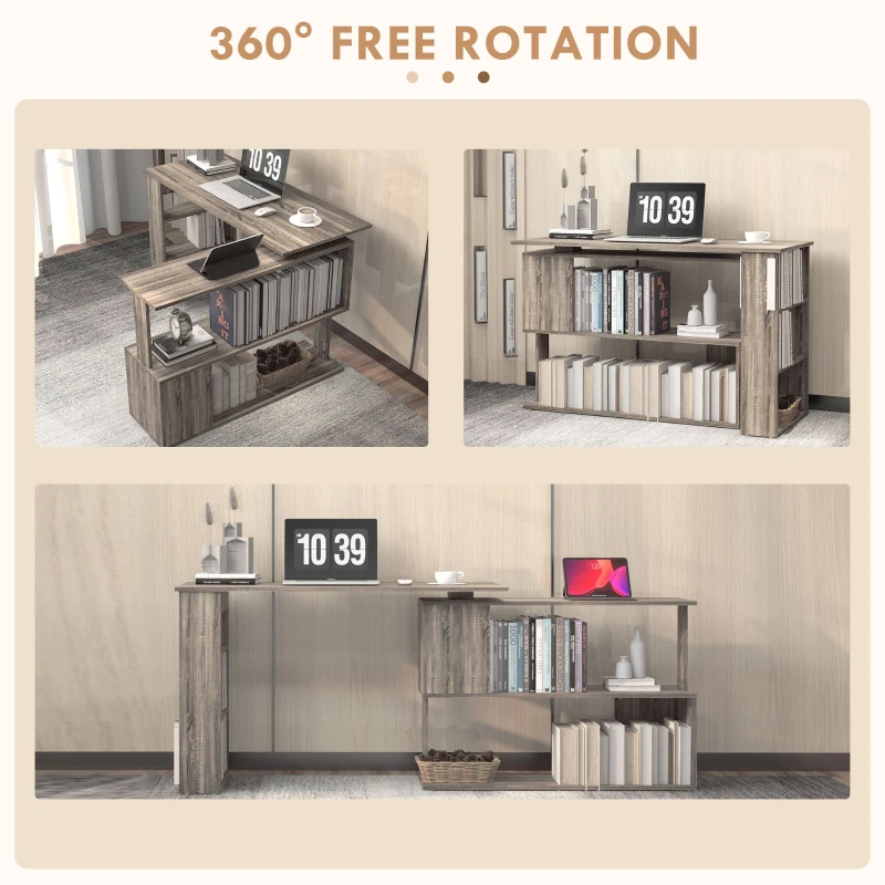 HOMCOM 360° Rotating L Shaped Desk, Corner Computer Desk with Storage Shelves for Home Office, Grey