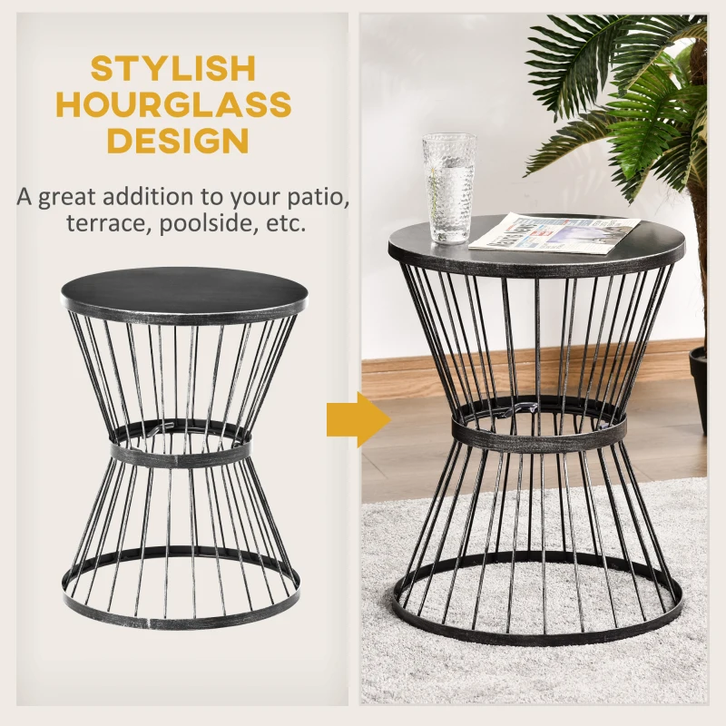 Outsunny 16" Steel Patio Side Table, Garden End Table with Hourglass Design, Accent Table for Outdoor and Indoor Use, Distressed Black