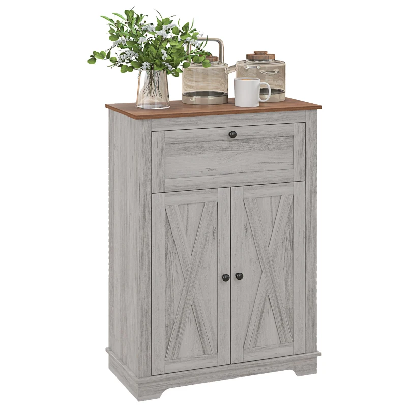 HOMCOM Farmhouse Sideboard Storage Cabinet with Doors and Drawer for Kitchen, Living room, 23.5"x11.75"x34.5", Light Gray