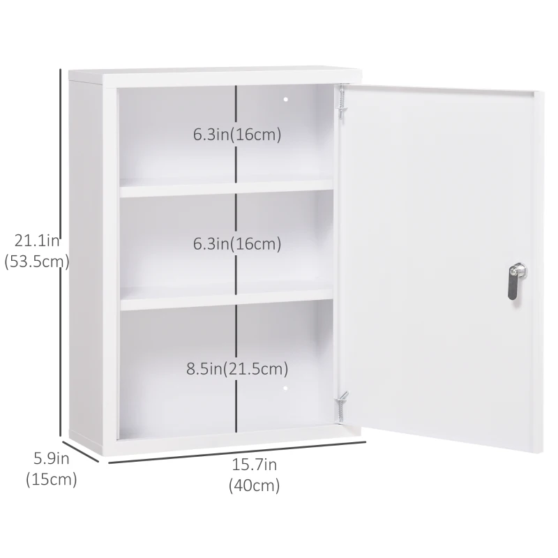 kleankin Lockable Medicine Cabinet, 3 Tier Steel Medical Wall Box with 2 Keys and Shelves for Bathroom, White