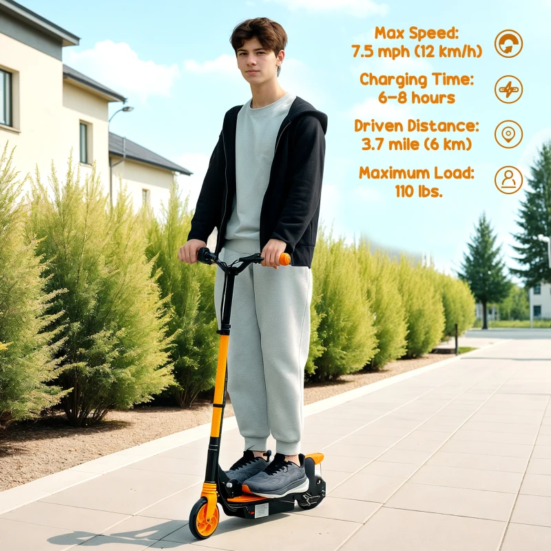 Soozier Foldable Electric Scooter for Kids Ages 6-14, with Seat and 2 Adjustable Heights, Max 6km Range & 12km/h, Orange