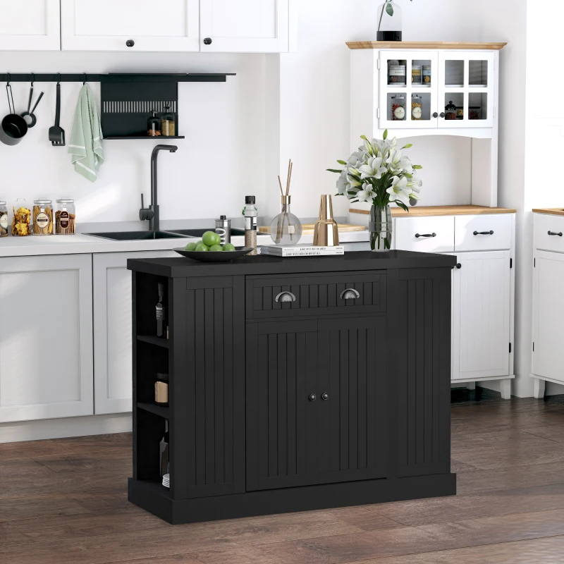 HOMCOM Cottage Kitchen Island with Storage, Buffet Cabinet with Drawer, 2-Door Cupboard, 4 Adjustable Side Open Shelves for Dining Room, Black
