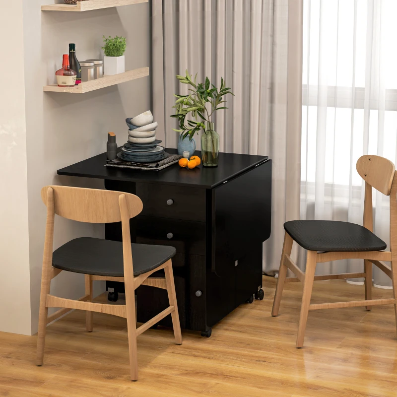 HOMCOM Extendable Dining Table, Drop Leaf Table with 2 Drawers, Cabinet and 6 Wheels for Small Spaces, Kitchen, Black Wood Grain