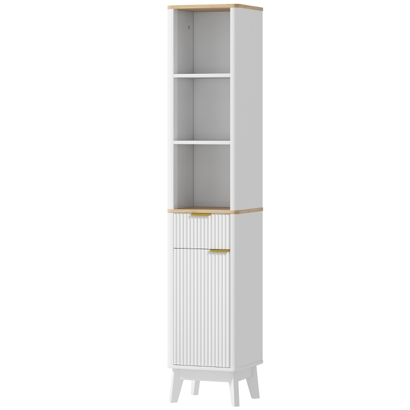 HOMCOM 67" Tall Bathroom Cabinet, Narrow Bathroom Storage Cabinet with 3 Open Shelves, Drawer and 2 Adjustable Shelves, White