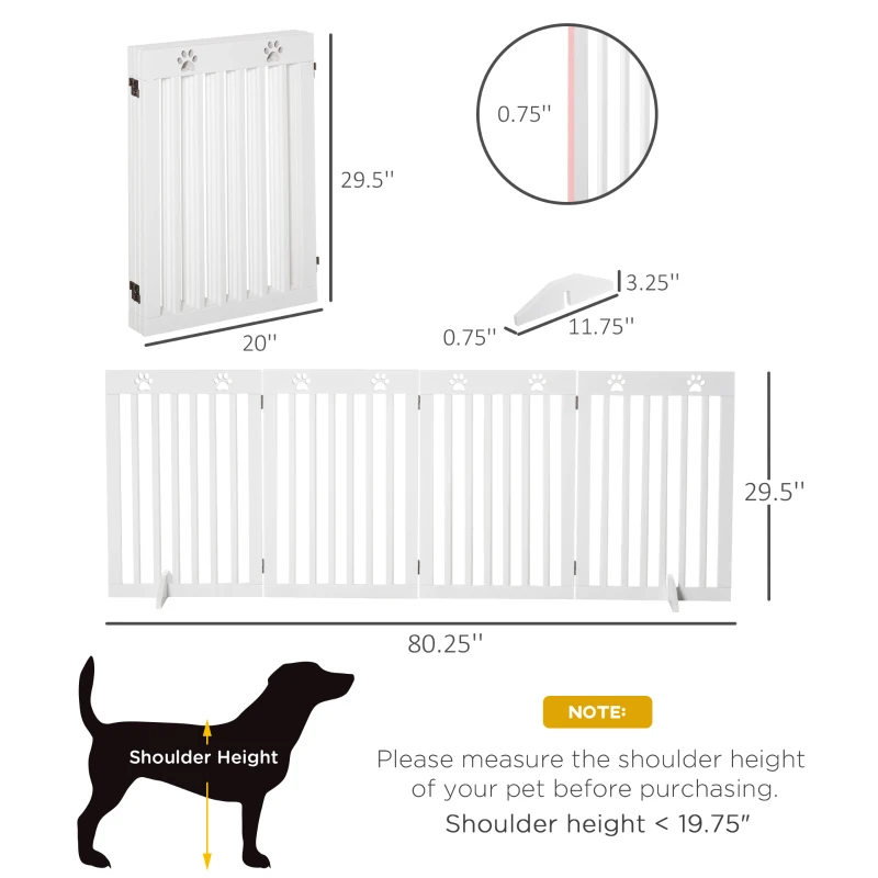 PawHut 29"H Freestanding Folding Pet Gate, Wooden Dog Barrier Fence, with 4 Panels and Dual Hinged Design for Doorways, or Stairs, White