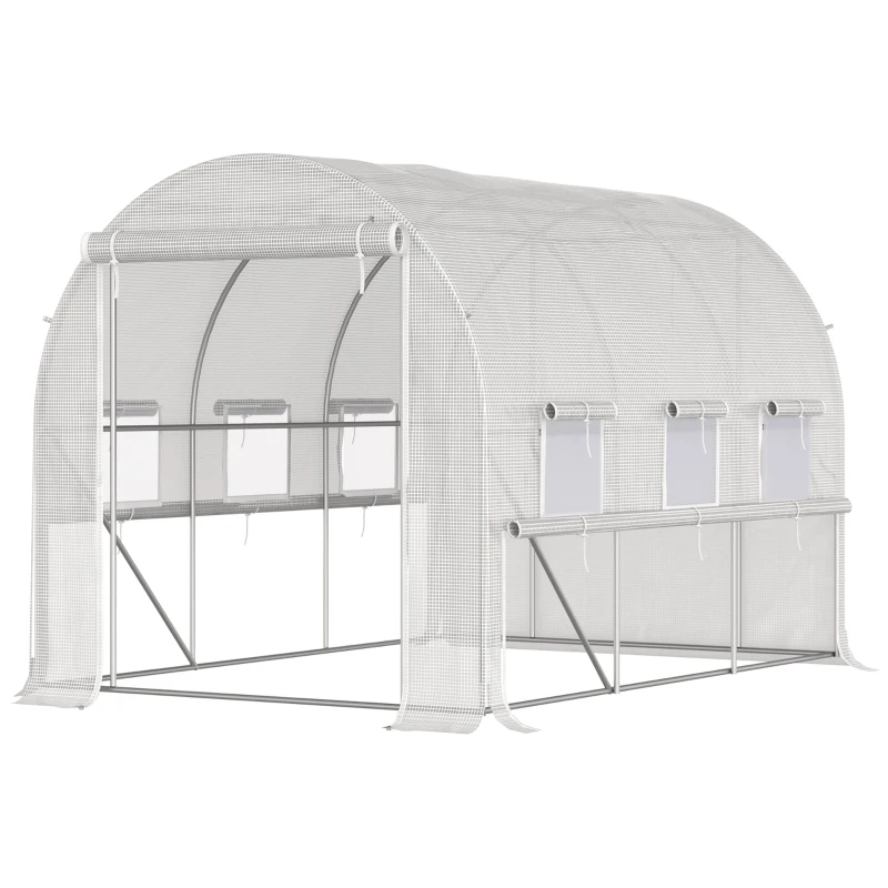 Outsunny 116.25" x 78.75" x 78.75" Walk-in Tunnel Greenhouse, Mesh Windows, Bottom Vents, Zippered Door, PE Cover, Heavy Duty Steel Frame, White
