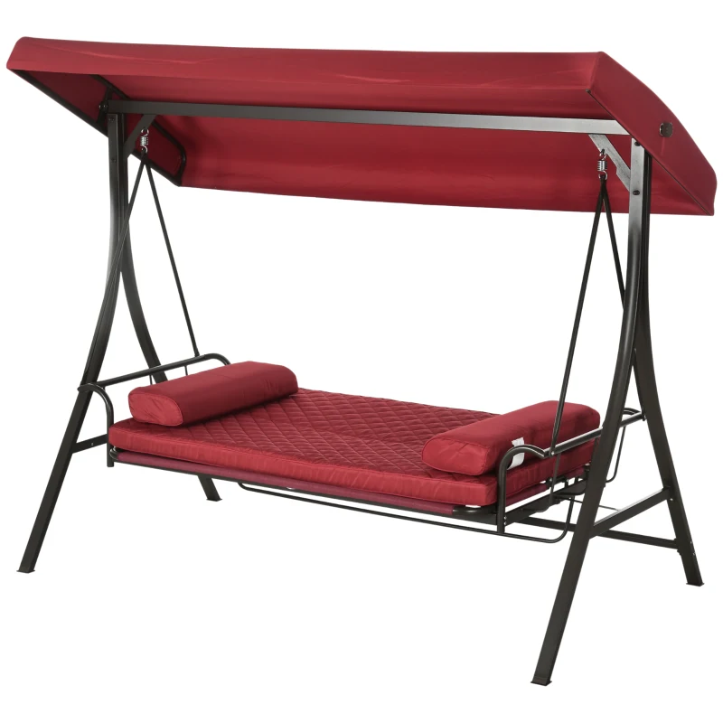 Outsunny 3 Person Patio Swing Chair Bed, Converting Flatbed, Outdoor Porch Swing Bed Glider with Adjustable Canopy, Removable Cushions, Pillows, for Garden, Poolside, Backyard, Red