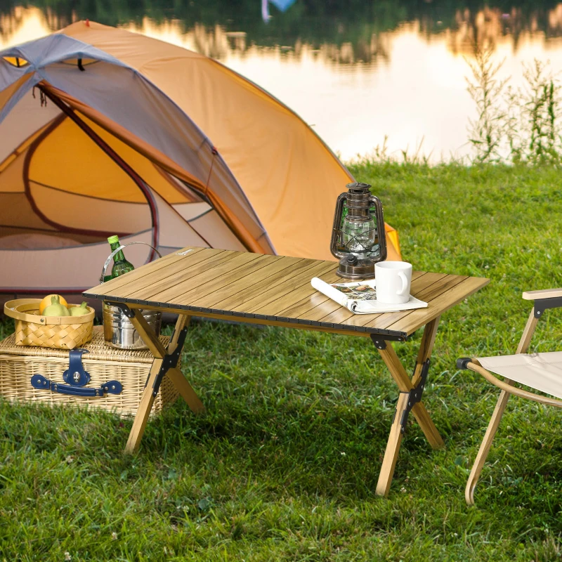 Outsunny 3ft Low Height Folding Camping Table, Roll-Up Aluminum Picnic Table with Carry Bag, Waterproof & Woodgrain Finish, Portable Table for Travel, BBQ, Beach, or Hiking