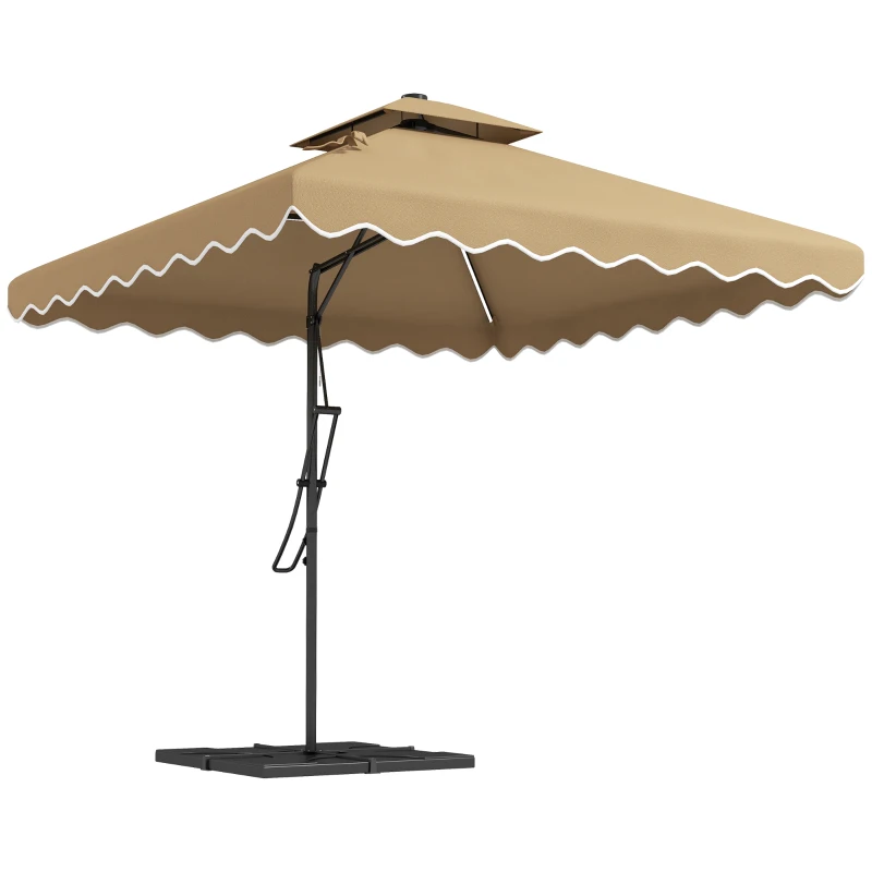 Outsunny 8' x 8' Square Double Top Offset Patio Umbrella Garden Parasol with Solar LED Lights, Ruffles and Weights, Khaki
